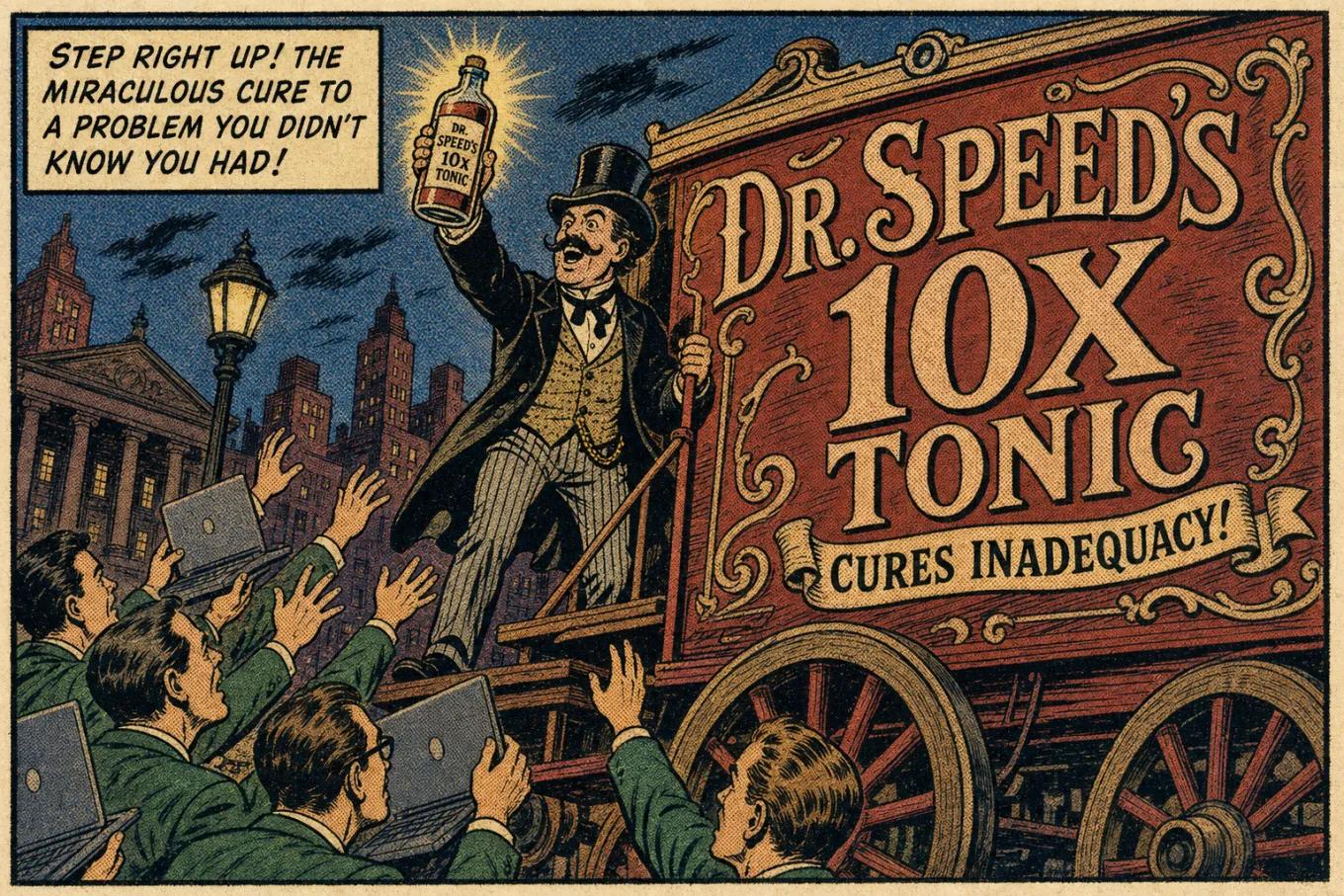 Vintage comic panel: a barker atop Dr. Speed's 10X Tonic wagon holds a glowing bottle aloft while a crowd clutching laptops reaches up. Caption: Step right up! The miraculous cure to a problem you didn't know you had!
