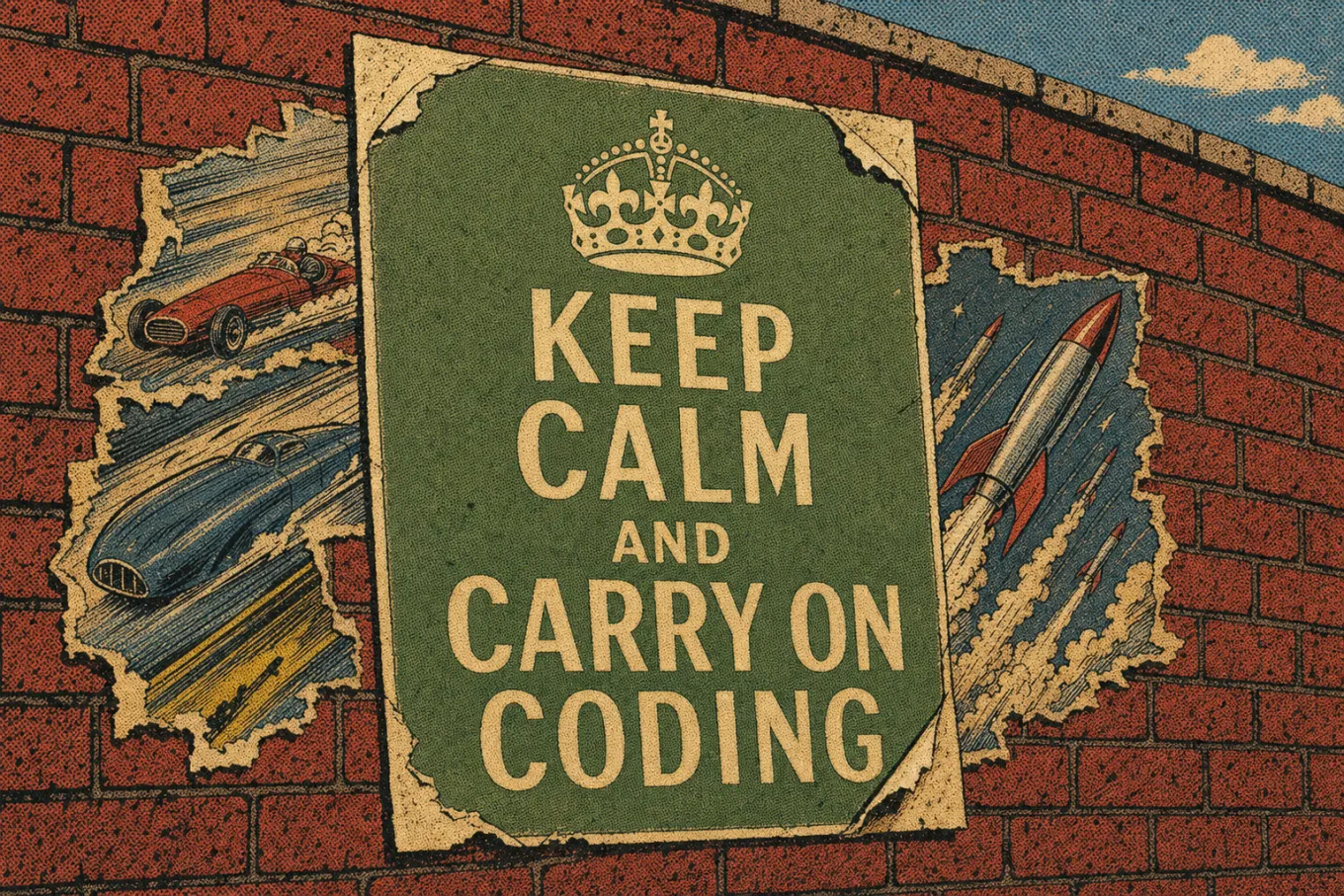 Weathered poster on a brick wall reading Keep Calm and Carry On Coding, pasted over torn adverts of speeding cars and rockets.