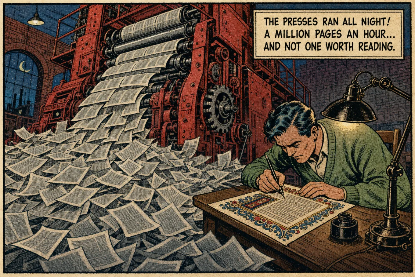 Vintage comic panel: a giant printing press floods the floor with identical grey pages while one figure at a lamp-lit desk works on a single illuminated manuscript. Caption: The presses ran all night! A million pages an hour, and not one worth reading.