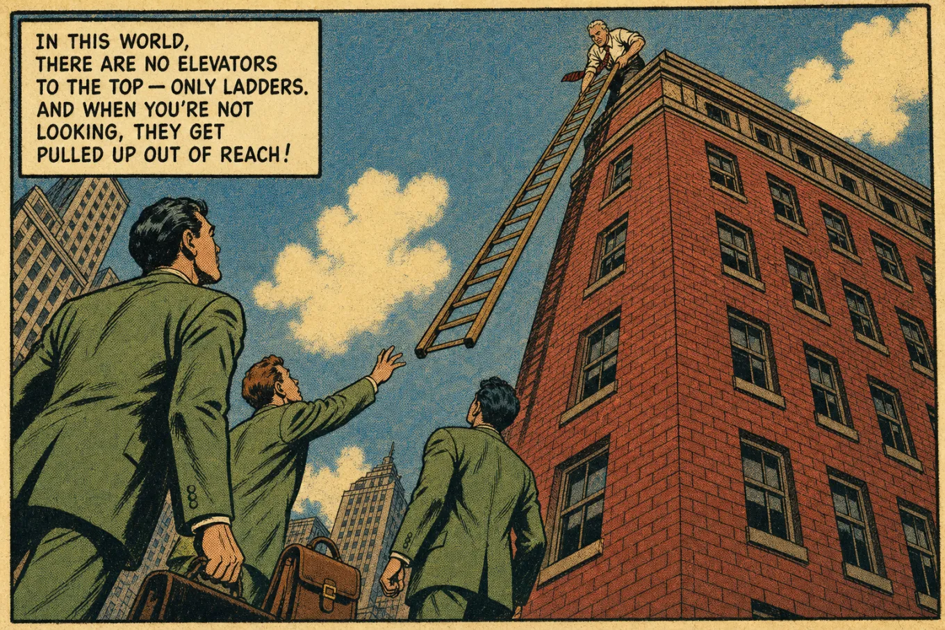 Vintage comic panel: a senior on a rooftop hauls the ladder up while three juniors below reach for the last rung. Caption: In this world there are no elevators to the top, only ladders. And when you're not looking, they get pulled up out of reach!
