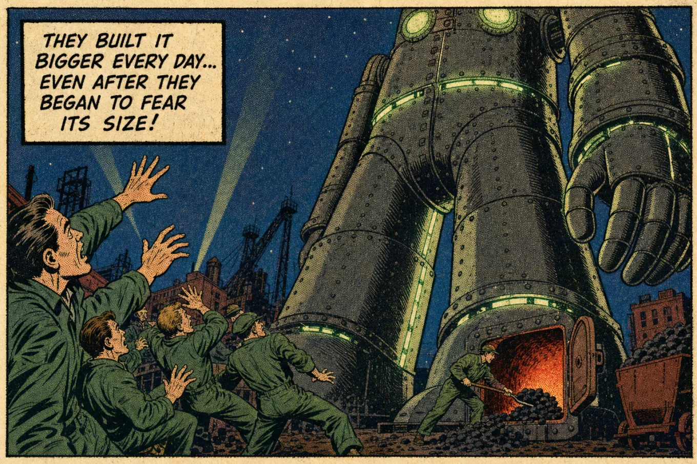 Vintage comic panel: engineers back away from a glowing colossus of their own making while one still shovels coal into its furnace. Caption: They built it bigger every day, even after they began to fear its size!