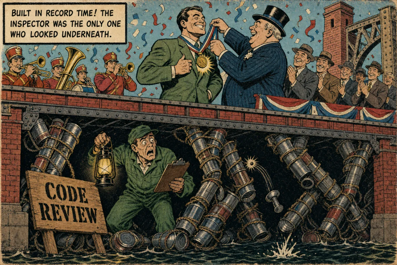 Vintage comic panel: a developer receives a medal on a new bridge while below deck a horrified inspector beside a Code Review sign discovers the trusses are bundles of tin cans. Caption: Built in record time! The inspector was the only one who looked underneath.